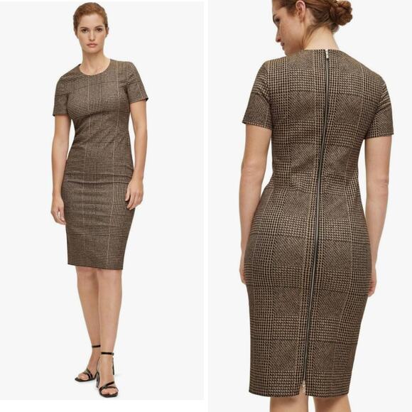 Hugo Boss Dixetta Sheath Midi Dress Brown Black Houndstooth US 8 Short Sleeve - Picture 4 of 16